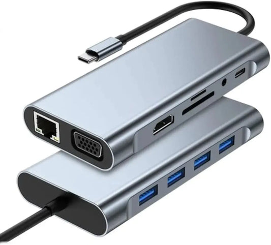 Type-C Çoklu Dönüştürücü Hub Adaptör (9in1) - HDMI, VGA, USB, Ethernet, Kart Okuyucu